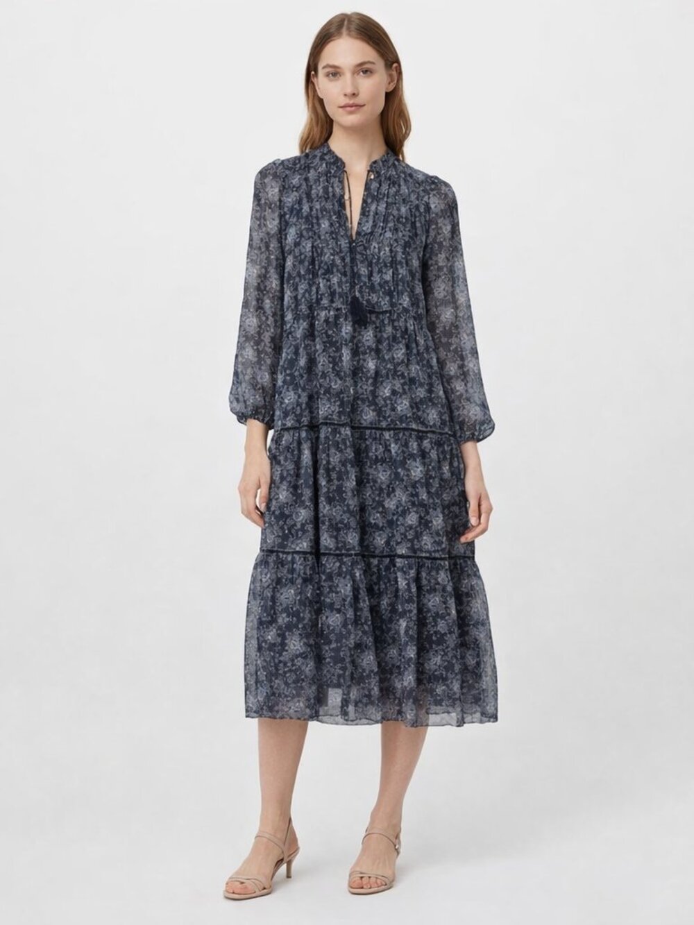 Lucky Brand Women's Floral Long Sleeve Midi Dress NWOT Lined Ribbon Detail Blue